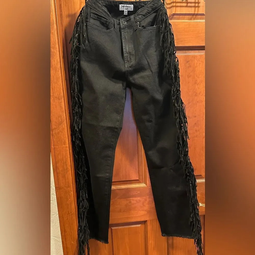 Juicy Couture Women’s Venice Statement Fringe Jeans Black straight fit Sz 26 - Picture 6 of 7